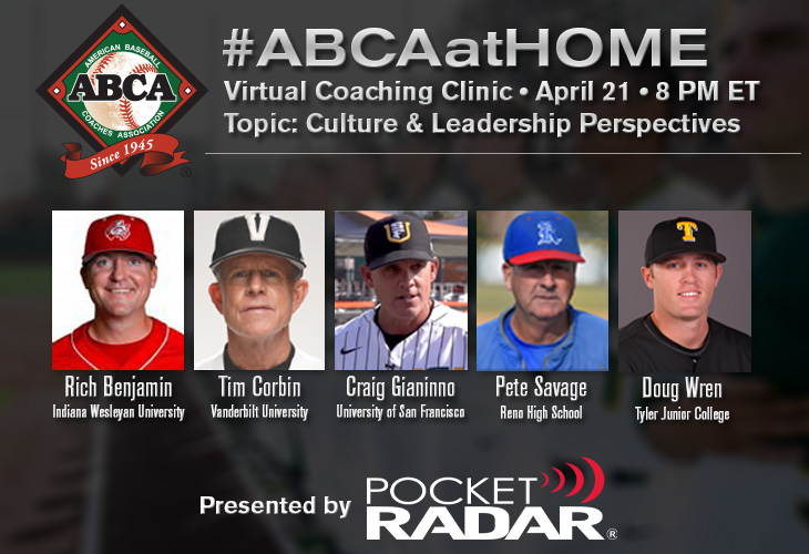ABCA1945's tweet photo. Have a❓for tonight’s #ABCAatHOME Culture &amp; Leadership panel?

Tweet it to us before the live clinic or during the event by using #ABCAatHOME! 
 
📅 TONIGHT
⏰ 8pm Eastern
🗣 @TimCorbin
🗣 @CGianinno4
🗣 @wrendoug
🗣 @IWU_Baseball's Rich Benjamin
🗣 @BaseballReno's Pete Savage https://t.co/oe2ihkGOdQ