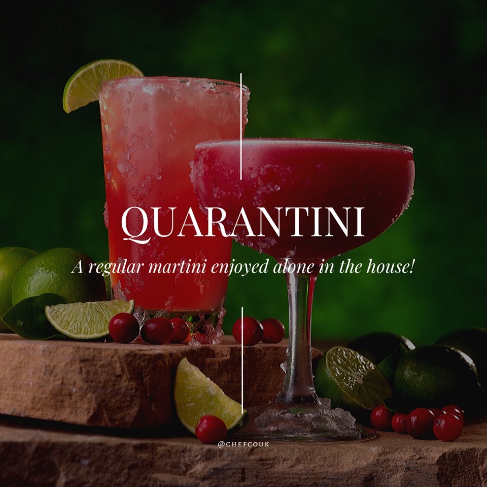 Chefcouk's tweet image. Today&apos;s special: Quarantini 🤣🍸

Get yourselves some snacks, a friend on a #zoomcall and you&apos;re sorted! How&apos;re you dealing with #coronavirus isolation?

#londonchefs #ukchefs #quarantine #covid19