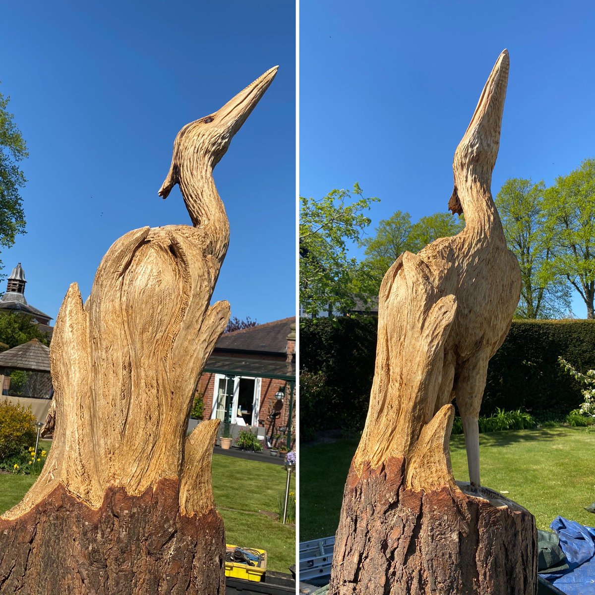 Beautiful day to convert an old tree stump into a wonderful creation. Huge thanks to Andy Burgess for his professional stance maintaining social distancing at the bottom of the garden 💚#treesculptures #woodcarving andy-burgess.com