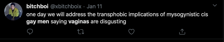 This tweet details the homophobia from Trans Activist who insist that Lesbian's like penis, and gay men vagina.After the initial post that will be done over a few days, I will update with new examples weekly. Feel free to link to it as needed.  #cottonceiling  #boxerceiling