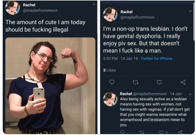 This tweet details the homophobia from Trans Activist who insist that Lesbian's like penis, and gay men vagina.After the initial post that will be done over a few days, I will update with new examples weekly. Feel free to link to it as needed.  #cottonceiling  #boxerceiling