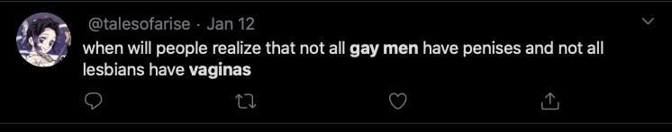 This tweet details the homophobia from Trans Activist who insist that Lesbian's like penis, and gay men vagina.After the initial post that will be done over a few days, I will update with new examples weekly. Feel free to link to it as needed.  #cottonceiling  #boxerceiling