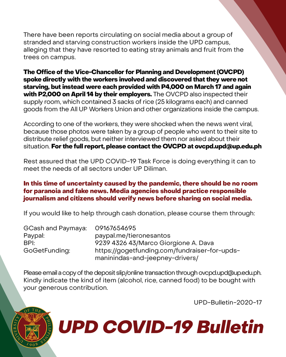 UPD-Bulletin-2020-17

In this trying time, the media as the fourth estate must all the more be prudent and responsible in its reportage. It must always be factual and objective, and should not if possible, sow any fear nor paranoia among the public.