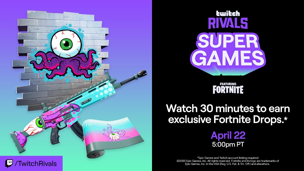 Fortnite News Link Your Epic Games Account And Watch 30 Minutes Of The Twitch Rivals Supergames Finals Tomorrow April 22 To Earn The Exclusive Don T Blink Spray And Octo Wrap