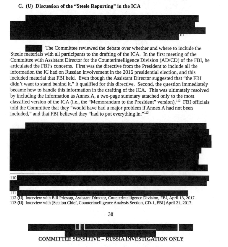 Why the Steele dossier was included in the annex of the “most classified version of the ICA.”Reminder: “The Committee found that the information provided by Christopher Steele to FBI was not used in the body of the ICA or to support any of its analytic judgments."