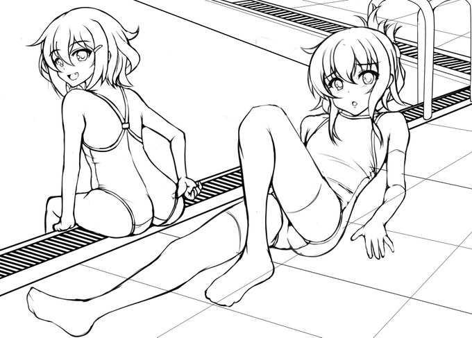 プールサイドのスク水雷電のラフ絵
スペースが空いてたので雷を加えていました。 