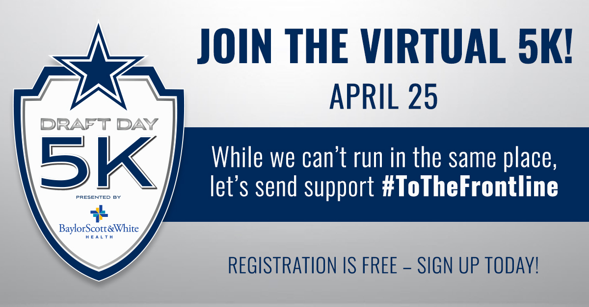#CowboysNation, join us in our virtual Draft Day 5K presented by <a href="/bswhealth/">Baylor Scott & White Health</a>! While we can’t run in the same place, let’s send support #ToTheFrontline by taking on the 5K at the same time during #CowboysDraft weekend. 

Register now for free → bit.ly/2wXGT49