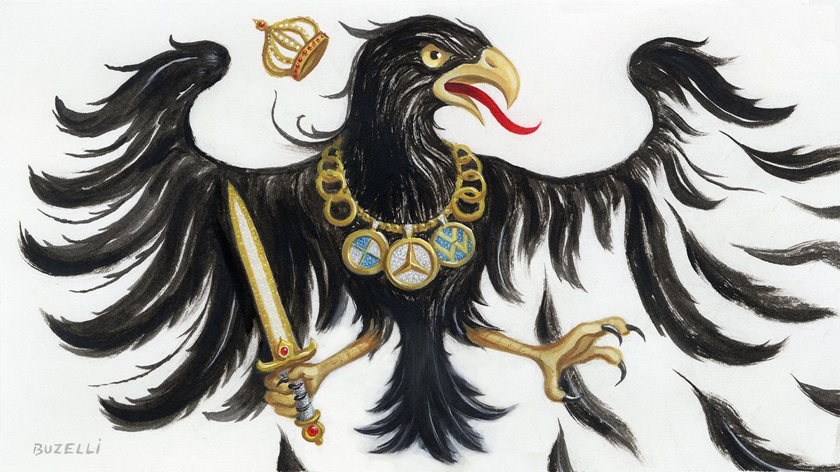 "Germany Clipped" For <a href="/ChiefInvOfficer/">CIO Magazine</a> <a href="/sbuzelli/">SooJin Buzelli</a>
-Germany's economy is in crisis especially it's prized auto industry. And it's government is in crisis with the rise in far-right groups. oil on paper/6"x10"