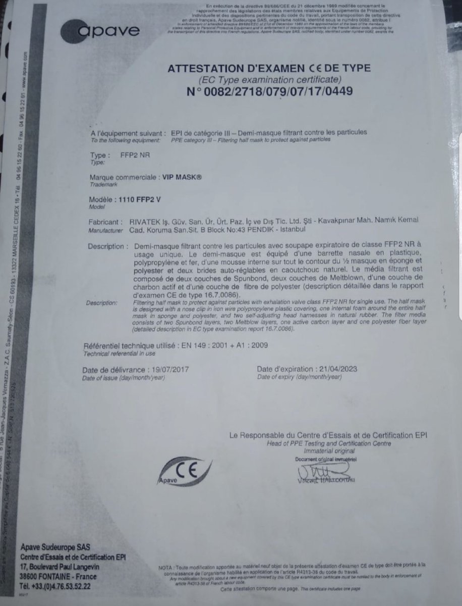 De Sousa provided this certificate showing the masks, made in Turkey, were certified for use/sale in Europe. But the French testing company named on the document believes "this certificate has not been issued by our services and that it is most likely a falsified document."
