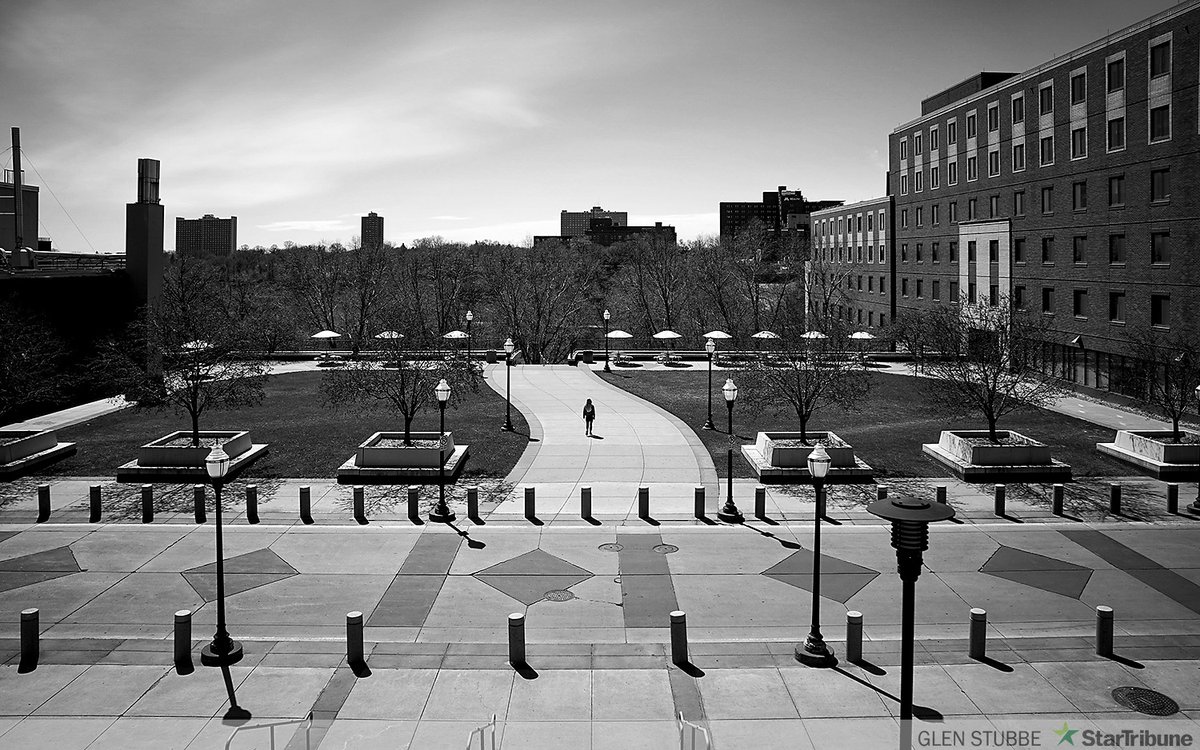 gspphoto's tweet photo. University of Minnesota campus is almost deserted from the pandemic, Rebecca Leighton is still there though so students in need don’t go hungry.  The U is freezing tuition next year to help out struggling students.  #COVID19 @RyanFaircloth  https://t.co/xgyFdXAJ0S https://t.co/vCEoeq7qyv