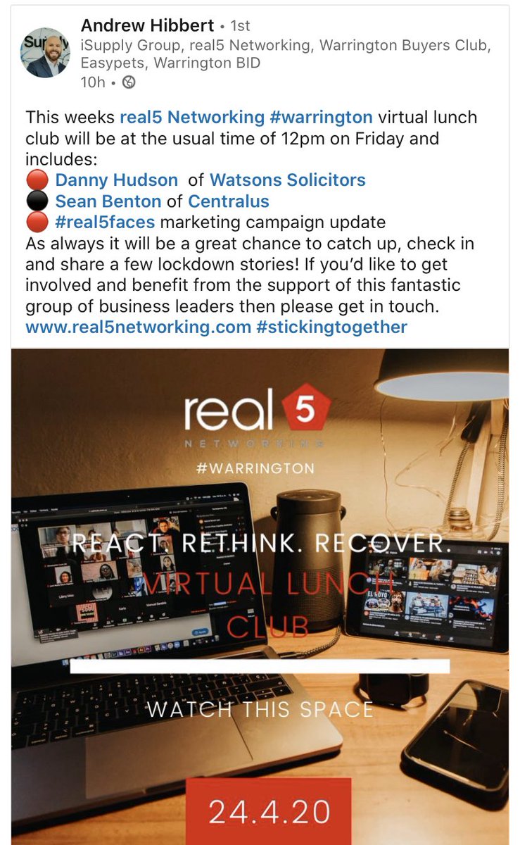 Watsons_Legal's tweet photo. Our Danny Hudson has been asked to talk at the Real5 event this Friday about how the legal world has adapted in the last month. To book on go to https://t.co/SluIe7D2DO #networking #warrington #cheshire #real5 #business #law #legal #solicitors #lawyers #lawyersofinstagram https://t.co/KJ4t7tOmJF