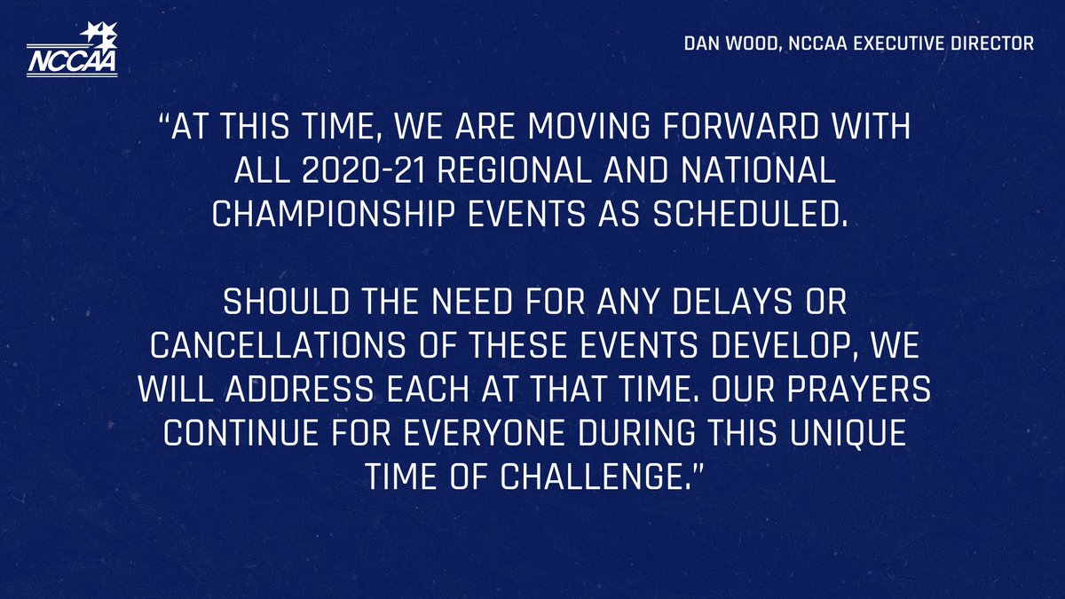 TheNCCAA's tweet photo. As the NCCAA continues to monitor and plan for the 2020-21 academic year, NCCAA Executive Director Dan Wood releases the following statement: https://t.co/NGOGv1n3cX