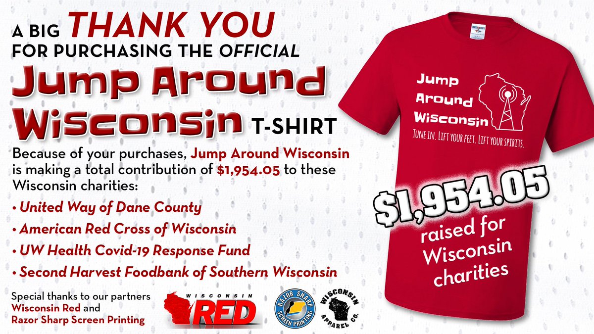 JumpWisconsin's tweet photo. Thank you to everyone that purchased a #jumparoundwisconsin #shirt.
We raised $1,954.05 for #COVID19 relief #charity organizations in #Wisconsin https://t.co/QlkN9366Ym