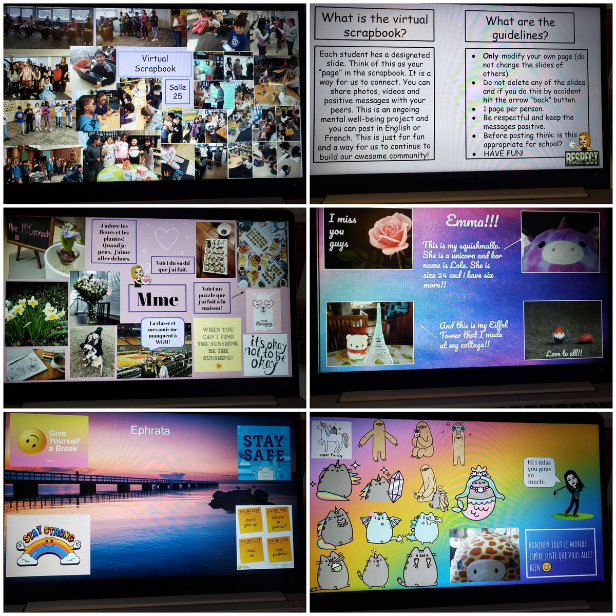 MlleMccormack00's tweet photo. I created a collaborative #virtualscrapbook using #googleslides where students each get a "page" to post positive messages, share photos / videos and check in! This is one way I am continuing to #buildcommunity during these tough times! @WGMillerSchool #tdsb #lc3 #wellbeing https://t.co/hWSxa01qDh