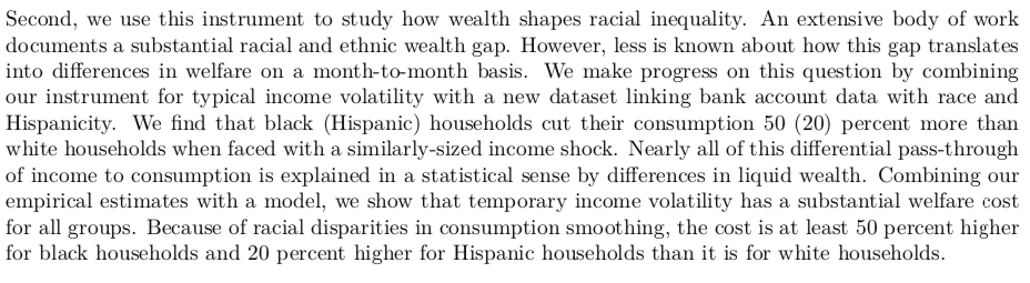 New Working PaperWealth, Race, and Consumption Smoothing of Typical Income ShocksMe +  @ganong,  @pascaljnoel,  @Farrell_Diana,  @FionaGreigDC, & Chris Wheatpaper:  http://home.uchicago.edu/~j1s/RDFO_4_2020.pdf\\begin{thread}