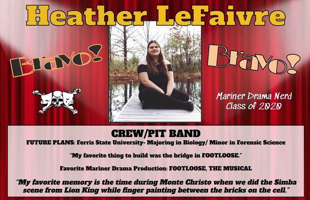 MarinerDrama's tweet photo. Mariner Drama is SO very excited to begin the SENIOR DRAMA NERD SPOTLIGHT OF THE DAY. Each day, we will HIGHLIGHT one of graduating members of the Class of 2020.  

Today's FIRST and FEATURED drama nerd is Heather LeFaivre.  Mariner Drama is so very proud of you Heather! https://t.co/iPJ1EJE4Il
