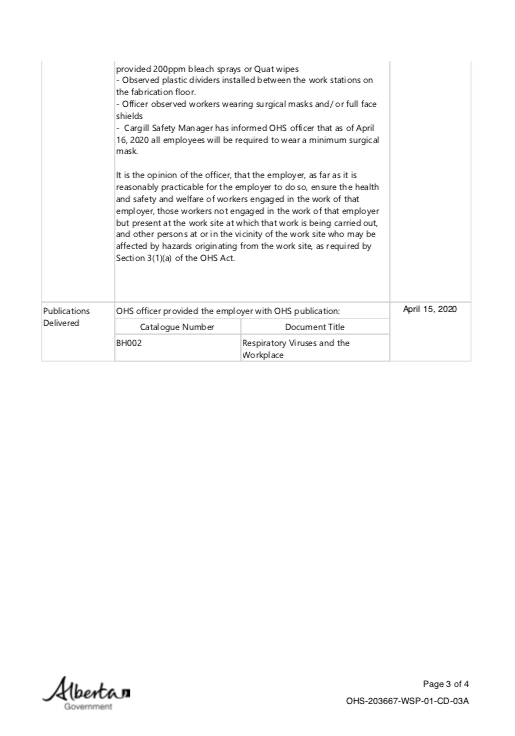 April 15th: inspection was completed at Cargill and report submitted the following day.  #ableg