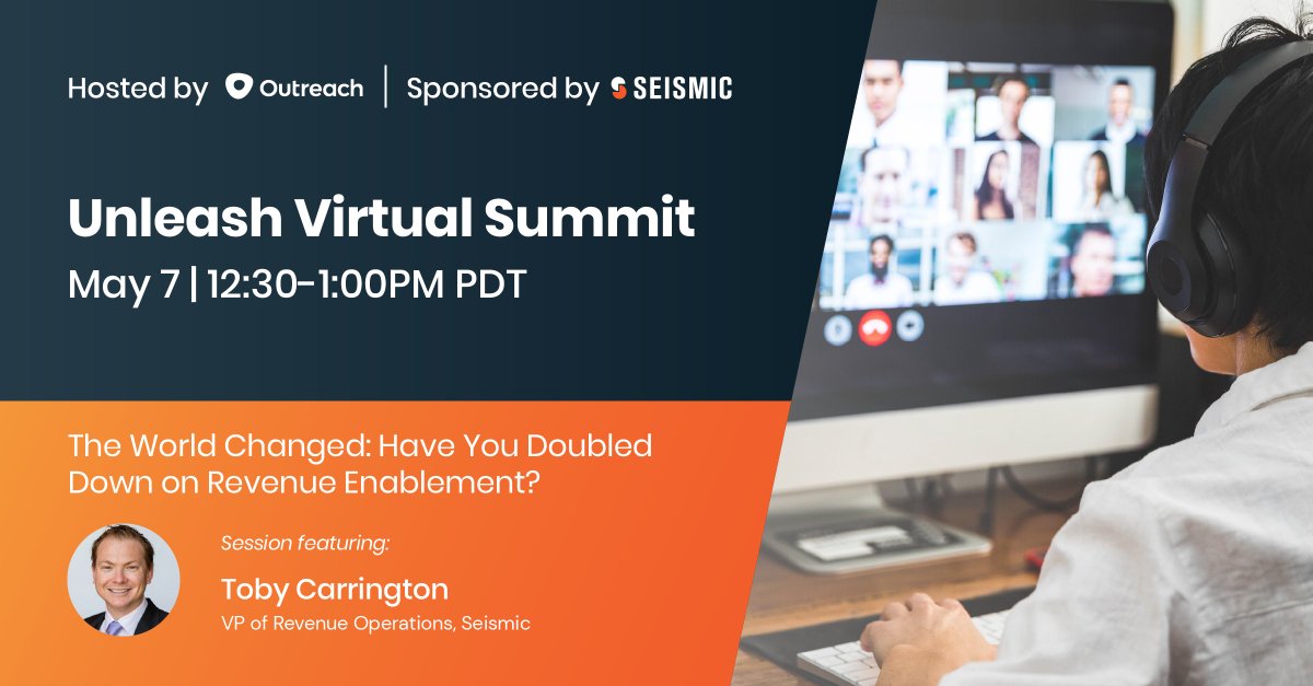 SeismicSoftware's tweet photo. The world has changed. How has your business adjusted? And have you doubled down on Revenue Enablement?
Seismic VP of Revenue Operations Toby Carrington will share his tips for Revenue Enablement at @outreach_io #Unleash20, on May 7 - register here! https://t.co/GWyKXe2Gq9 https://t.co/0KwE7WYNcc