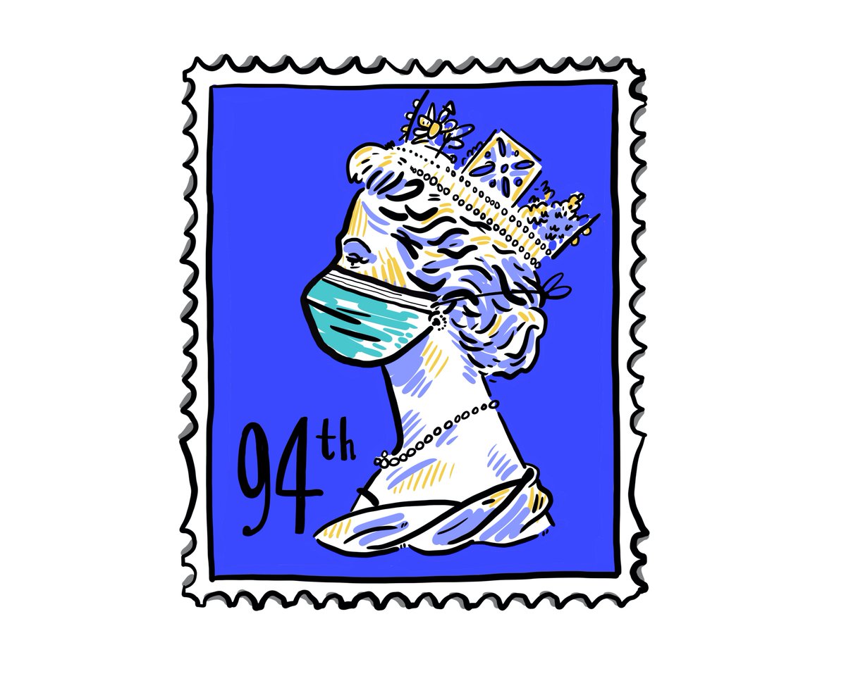 Today is the Queens 94th birthday. What extraordinary times she has lived through🇬🇧👑🇬🇧👑🇬🇧
#topicalillustration #satiricalillustration #ppe
#freelanceillustraton #covid19 #lockdown #royalmail 
#runecreative #pipjrune #illustratednews #postagestamp 
#staysafe #stayhome #thequeen