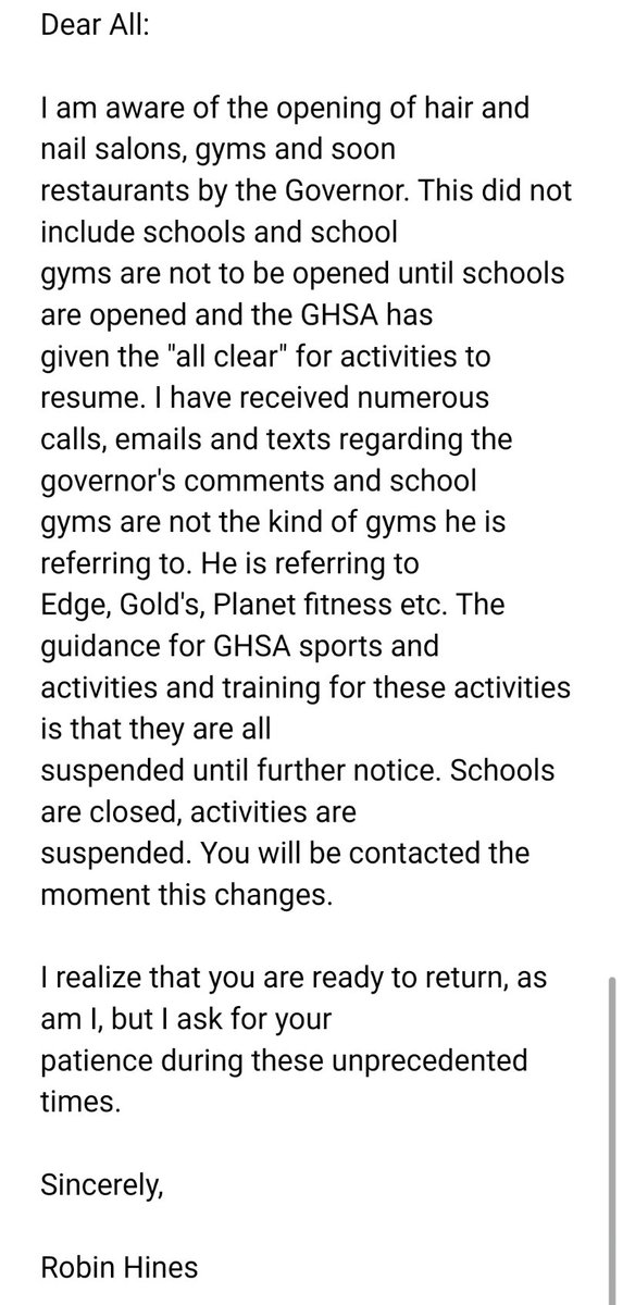 <a href="/APSBESTACADEMY/">BEST Academy at The Thomas W Dortch Jr Institute</a> these have been challenging times for us all. The Governor's announcement DOES NOT apply to <a href="/apsupdate/">ATL Public Schools</a> gyms and fields. Please continue to use extreme ⚠️ and practice social distancing. I want to see all of you on the other side of this. ✊🏾

#ProtectTheNest🦅🦅🦅