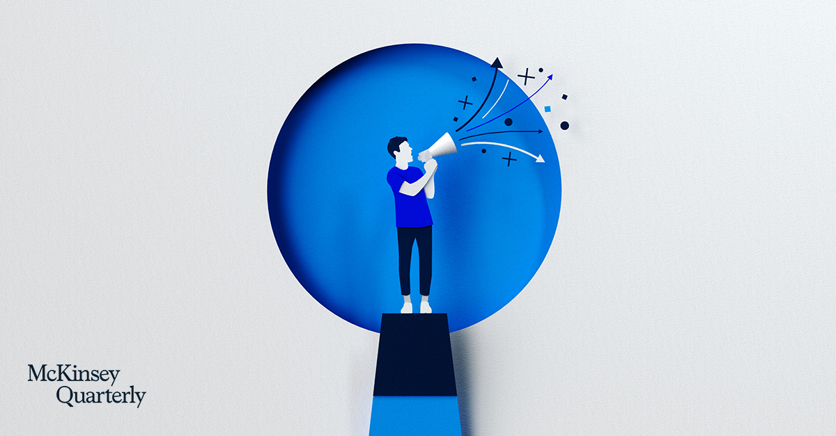 McKinsey's tweet image. What is the role of design within the C-suite? How can design leaders advocate for themselves within orgs? How can companies uplift their design leaders? This is our latest design research and demystifying the role of executive designers: mck.co/3czKDrN #valueofdesign