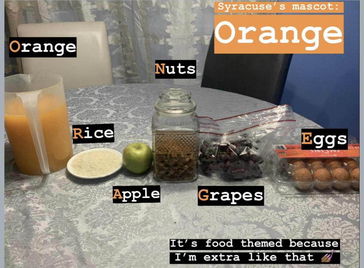 Our AVID students were challenged in an at home scavenger hunt of their college house. One of our first in was from our Syracuse group and to good not to share. They had to find an item starting with the first letter to spell out their college mascot. <a href="/SyracuseU/">Syracuse University</a> <a href="/AVID4College/">AVID</a>