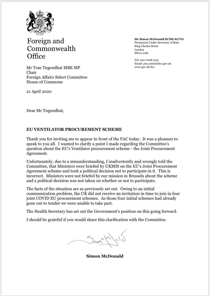 StewartWood's tweet photo. A political decision by Ministers to tell the top civil servant in the Foreign Office to apologise for saying that not participating in the EU ventilator scheme was a political decision by Ministers. https://t.co/YpfzxvNJIT