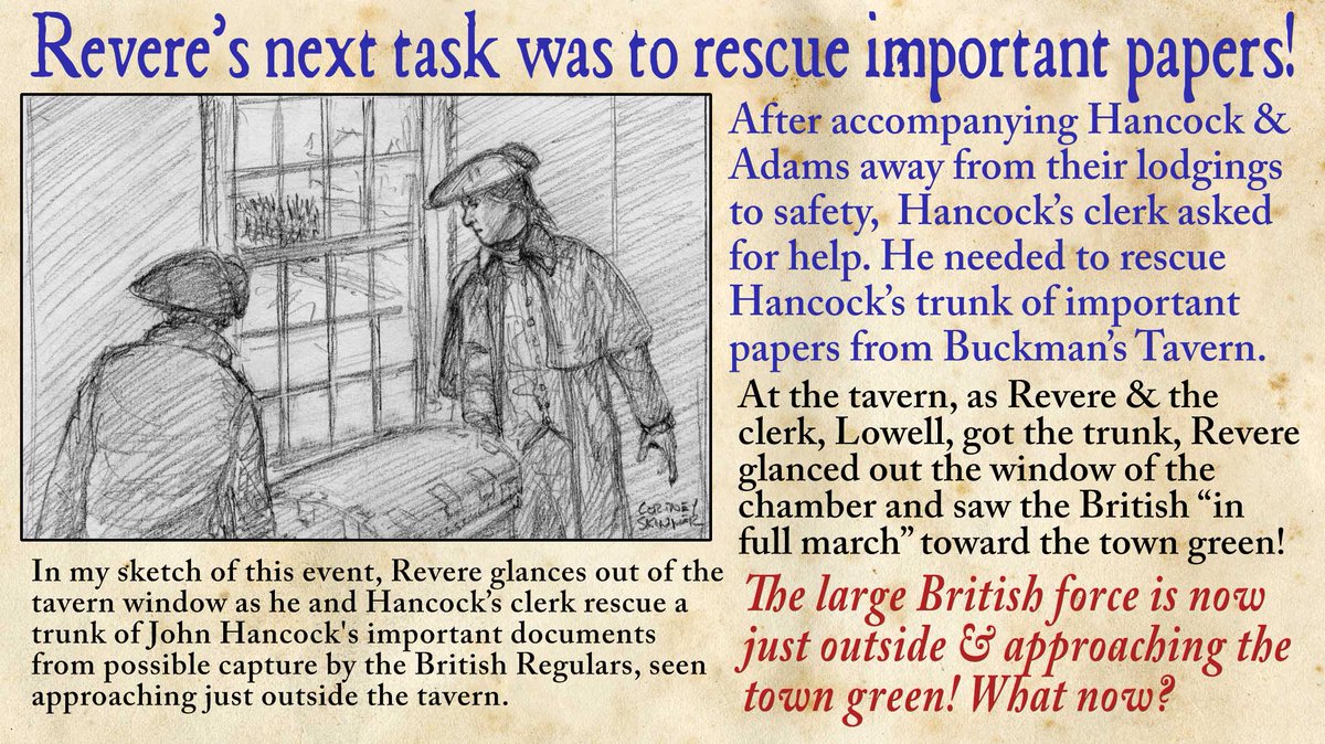 A trunk of John Hancock’s papers & correspondence with other “Sons of Liberty” was at Buckman’s Tavern. Revere had to help save it from the British force. Here’s my sketch. Free Audio Book and eBook featuring my pen and ink illustrations at PaulRevereBook.com #MidnightRide