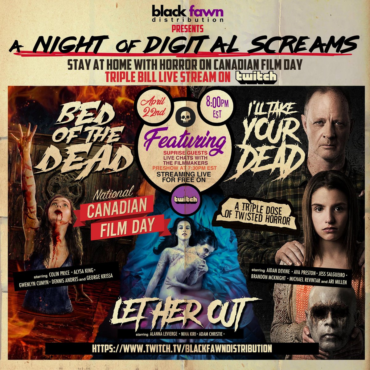Halloween has come early as Black Fawn Distribution (<a href="/blackfawndistro/">Black Fawn Distribution</a>) Hosts 'A Night of Digital Screams' via #twitch on April 22nd 8pm EST #NationalCanadianFilmDay

Full Details: crpwrites.com/supportcanadia…