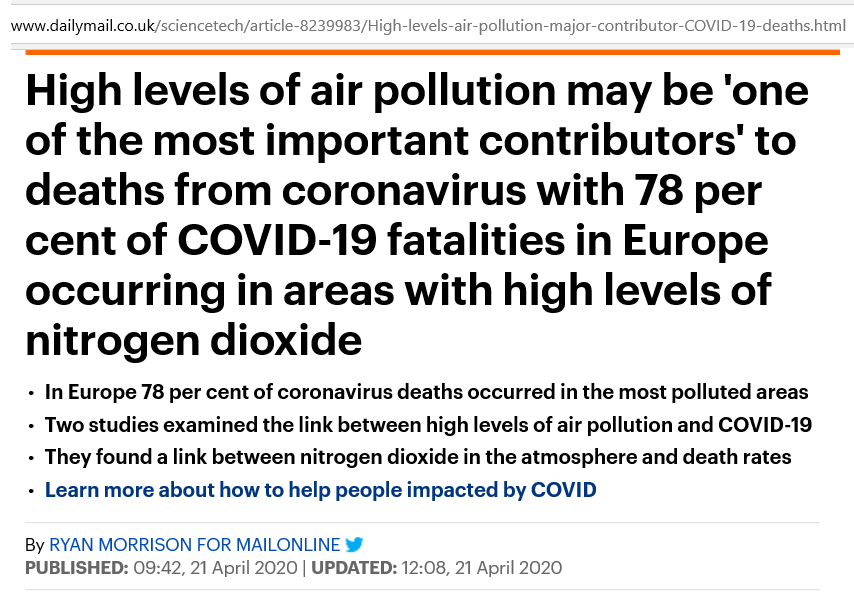 A study into  #COVID_19 death rates in different parts of England by the University of Cambridge shows the death rate is higher in areas with increased levels of  #airpollution.Authorities have known for years that people in polluted areas are suffering. Will they  #ActNow?