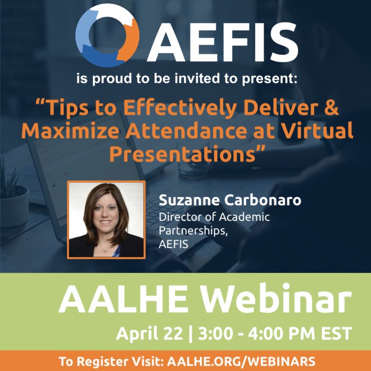 goAEFIS's tweet photo. You’re Invited!
Join us TOMORROW, April 22, 2020 at 3:00 PM EST for AALHE’s webinar: “Tips to Effectively Deliver & Maximize Attendance at Virtual Presentations”
Click here to learn more and register: https://t.co/p9D8YC4dsb
We hope to see you (virtually) there! #AAHLE https://t.co/7thTnS6mty