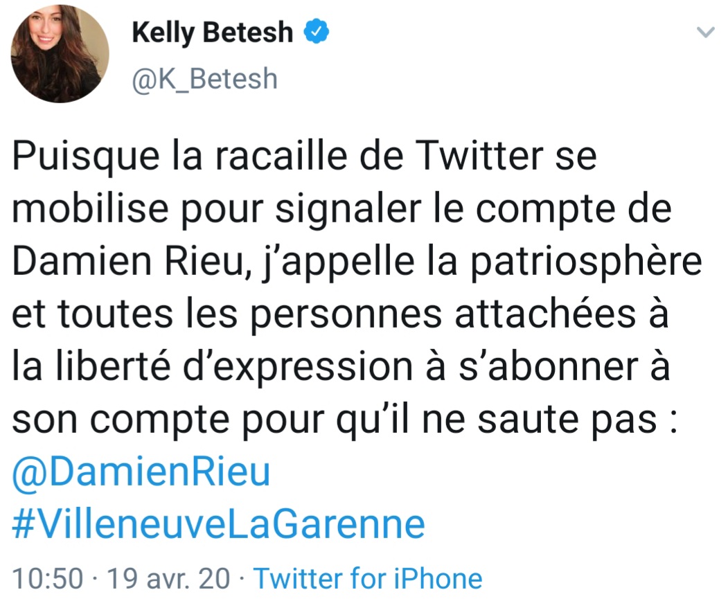 Et n'oublions pas la sempiternelle solidarité entre fachos. Ici avec la "souverainiste" Kelly Betesh... #Fachosphère  #Débilosphère  #Conosphère  #Patrichiotte  #GénérationNeuneu  #DamienRillette  #VilleneuveLaGarenne50/52