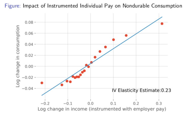 Result 1:In the overall sample, a 10% change in monthly pay results in a 2.3% change in spending(Elasticity = 0.23)The estimates are precise(standard error = 0.01)