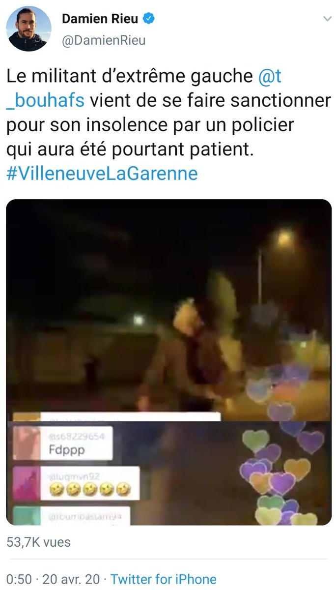 Quand un militant d'extrême-droite parle d'un militant d'extrême-gauche...Quoique, l'un des deux au moins va sur le terrain. L'autre reste planqué ou sort en groupe (de fachos bleus), en Méditerranée ou à la montagne... #VilleneuveLaGarenne32/52