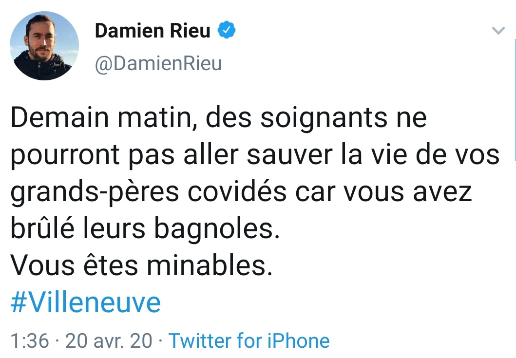 Il a raison de souligner que nos soignants se font violenter leurs effets personnels. Et ça ne date pas des évènements du week-end...Mais pas de critiques de l'extrême-droite à ce moment là (les responsables n'étaient pas assez "basanés" peut-être). #VilleneuveLaGarenne34/52