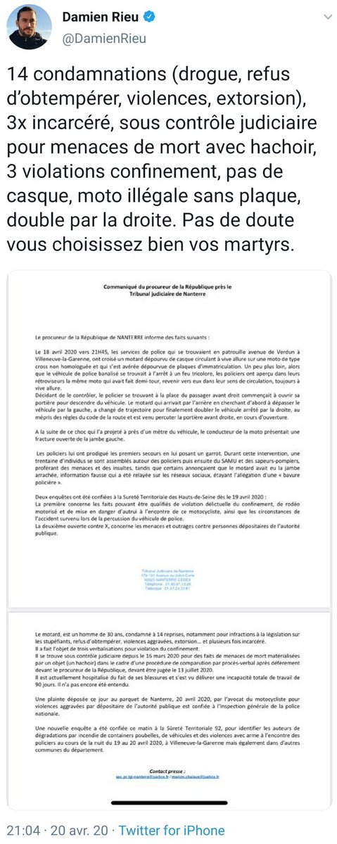 "Laissez faire l'enquête"... Mince, déjà dit auparavant... Bon tant pis, on déballe le casier judiciaire de la personne blessée qui est déjà coupable pour notre fachillon de par son "expérience"... #VilleneuveLaGarenne 38/52