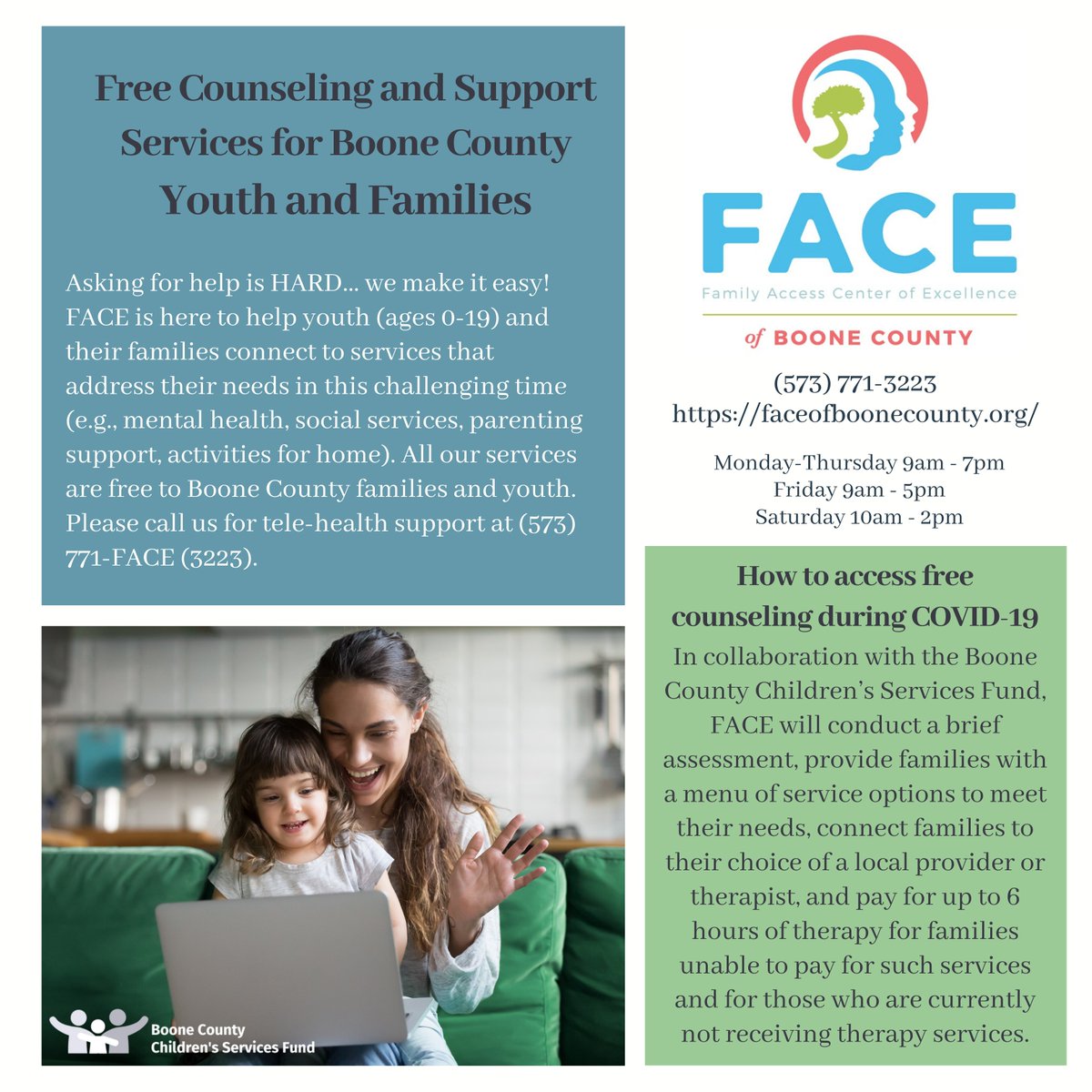 Feeling like you could use some #help? FACE is now connecting #families with up to 6 hours of FREE #counseling during #Covid19. #MentalHealth #MentalHealthMatters #TogetherWeCan #TogetherBooneCountyMO #StayHome