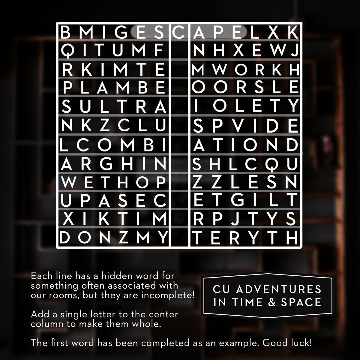 cu_adventures's tweet photo. Hi twitter. Have a puzzle. #TimeInYourSpace #StayHome
#puzzlefortoday #escaperoom #chambana https://t.co/LDA5AvVdIp https://t.co/LzatMtHimp