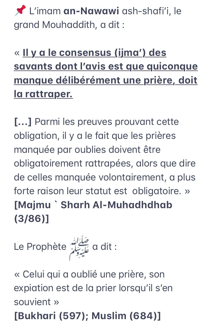  Avis Shafi’iteIl n'est pas permis à une personne qui a manqué une seule prière (sans excuse valable) de prier Tarawih ou tout autre Nawafil avant d'avoir rattrapé chacune d'ellesC'est l’avis (très clair) de l'école Shafi’i, confirmée par Ibn Hajar, an-Nawawi et al-Ramli