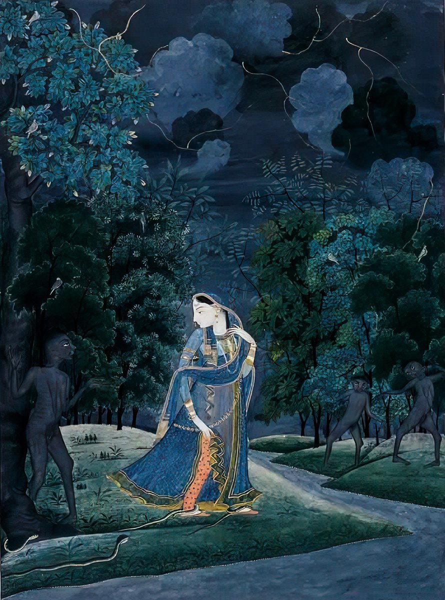 dpanikkar's tweet photo. Since we are on the Abhisarika Nayika theme, a bluesy one from a private collection: Pahari from the early 19th century. I first saw it when detail from this painting was posted by @ambrin_hayat some years ago. Perhaps a sub-genre called a Krishna Abhisarika Nayika. https://t.co/GOIotSeByH
