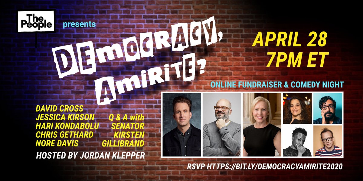 ThePeopleDefend's tweet image. Want 2 save democracy &amp;amp; laugh from ur couch? Join us: 4/28 @7pm ET for our Democracy, Amirite? Comedy Night, hosted by @jordanklepper of The Daily Show + an all-star line up. Kickass digital ads are our best weapon to flip states blue in Nov. RSVP: bit.ly/DemocracyAmiri…