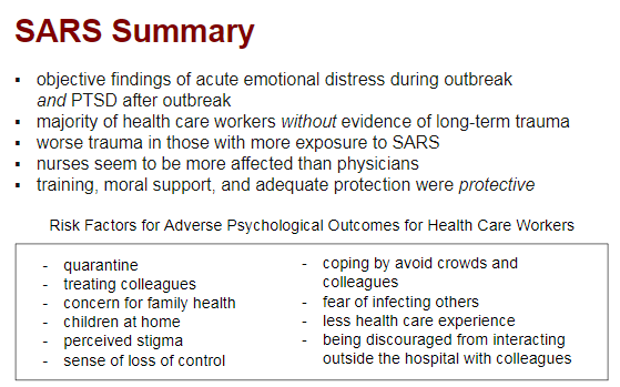 After reading through  #SARS literature, summary points:- Significant acute and chronic effects, including  #PTSD.- Wide variability of reported stress, likely related to exposure to SARS pts and differences in nurses vs APPs vs physicians.- Family/children as risk factor.19/