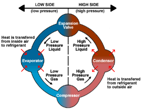 There are 4 operations to create a working refrigerator: A refrigerant fluid passes through a compressor, then to a heat exchanger inside of the fridge, back out through an expansion valve, and into a heat exchanger on the back of the fridge where it releases heat.