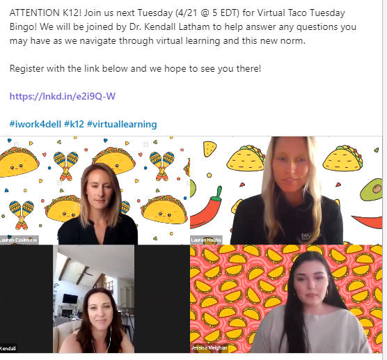 Join our Education Strategy Team for virtual BINGO to celebrate Taco Tuesday today at 5pm to connect and collaborate around this "new norm" for teaching and learning.
 
 Register Here: lnkd.in/e2i9Q-W
