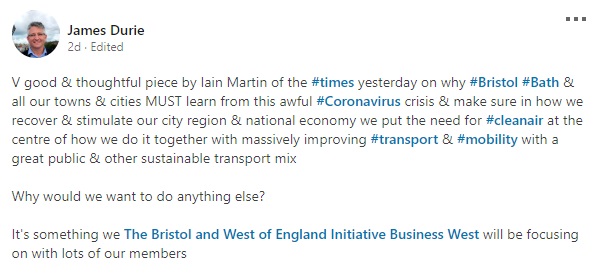 2/4 "...together with massively improving transport & mobility with a great public & other sustainable transport mix. Why would we want to do anything else? It's something we The Bristol and West of England Initiative Business West will be focusing on with lots of our members."