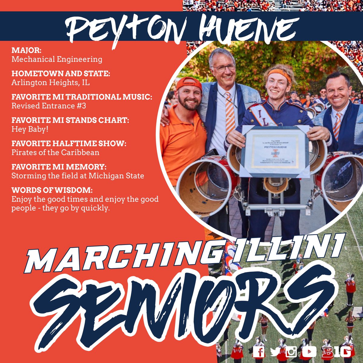 Each day I am recognizing &amp; celebrating 1 of our 76 seniors as they have given so much to the <a href="/MarchingIllini/">Marching Illini</a> @illinifootball @illiniwbb @illinimbb @illiniathletics &amp; <a href="/Illinois_Alma/">University of Illinois</a> Today we feature Peyton from <a href="/uofigrainger/">The Grainger College of Engineering</a> <a href="/illini_drumline/">Illini Drumline</a> THANK YOU, PEYTON! #foreverillini 🔶🔷