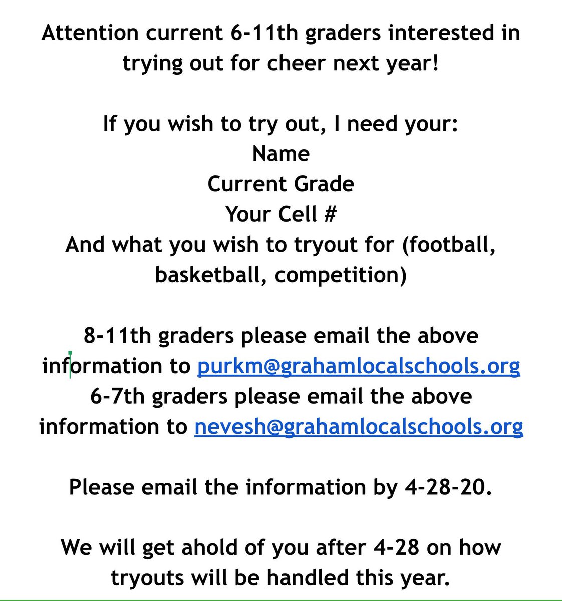 CheerleadingGHS's tweet photo. Cheer Try Outs!!
@grahamfalconsAD @GHS_Falcons @GrahamSchools @GrahamAthletics @GMSMrG @GrahamMidSchool @GMSCheer17 @ryanrismiller https://t.co/NZlQppdfm2
