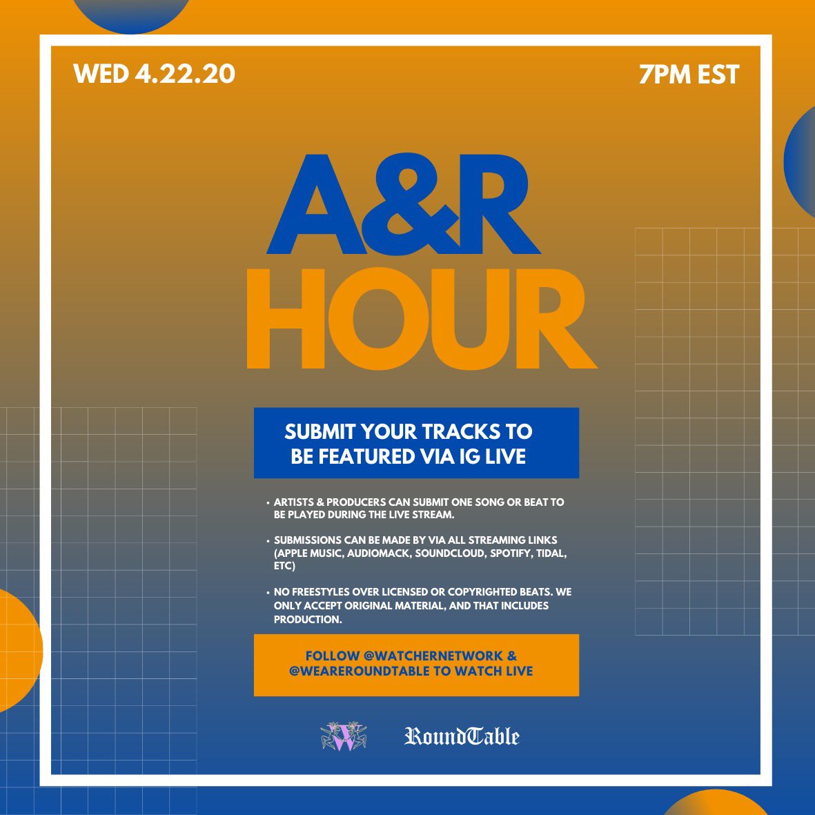 weareroundtable's tweet photo. 🚨 CALLING ALL ARTISTS &amp; PRODUCERS 🚨 WE WANT TO HEAR YOU!

TAG AN ARTIST OR PRODUCER IN THE COMMENTS 🔥
____

We’re back for another “A&amp;R Hour” Wednesday 4/22 at 7PM EST via IG LIVE - Submit your music to be featured during our livestream 

Link: https://t.co/t9spqBQNph https://t.co/QsI1WXNNJW