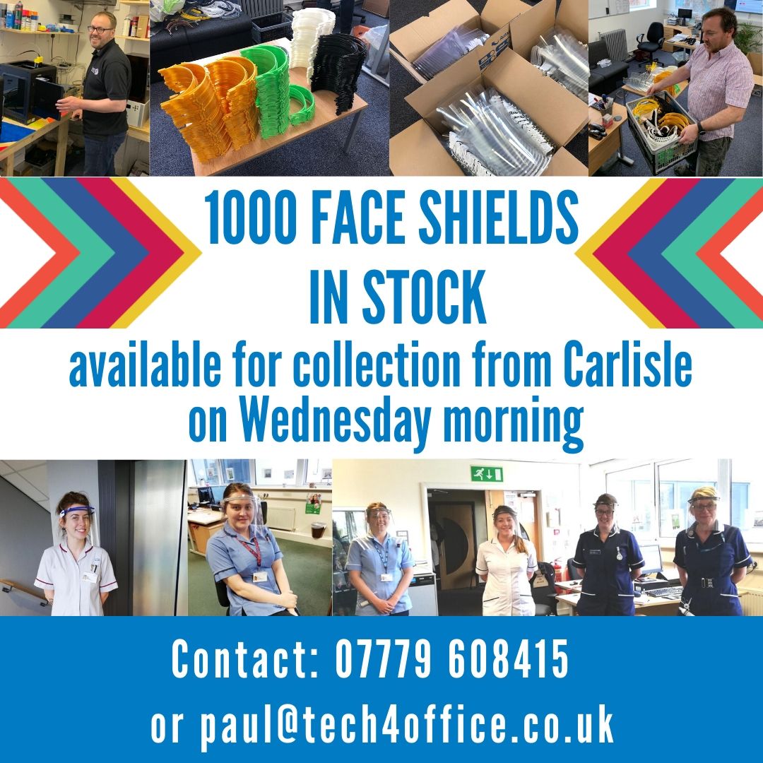 Tech4office's tweet photo. 1000 FACE SHIELDS IN STOCK AND AVAILABLE FOR COLLECTION
Our 3D printer elves have been super busy and we now have 1000+ face shields in stock, in #Carlisle 
Get in touch with Paul on 07779 608415 or paul@tech4office.co.uk #PPE #PPEforNHS #carehomes #faceshields #Cumbria https://t.co/dQ6IGWuct6