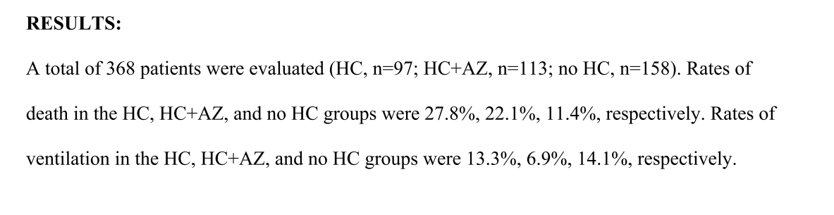 3 bras sont présentés, l'un HCQ, le 2eme HCQ+ #azithromycine AZ et le 3 eme "No HCQ". Résultats présentés comme sans appel... Sensés prouvés que l'HCQ est spectaculairement "inefficace"Un détail semble troublant lorsque l'on regarde qui compose le groupe "No HCQ"